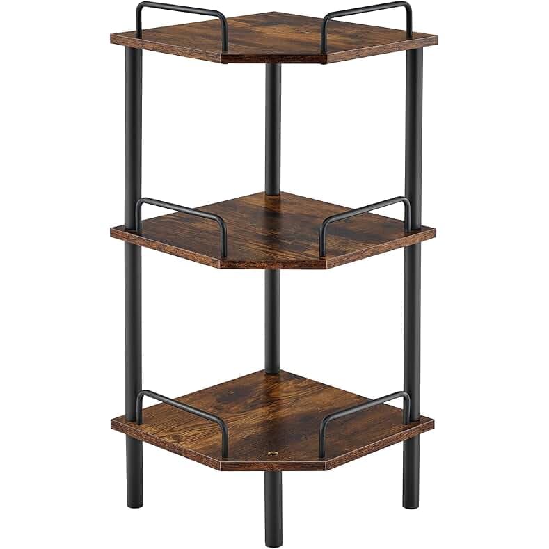 Tajsoon Corner Shelf Stand, 3 Tier Industrial Corner Shelves, Multipurpose Standing Display Shelf, Corner Shelving Unit for Bedroom, Living Room, Office, Kitchen, Rustic Brown