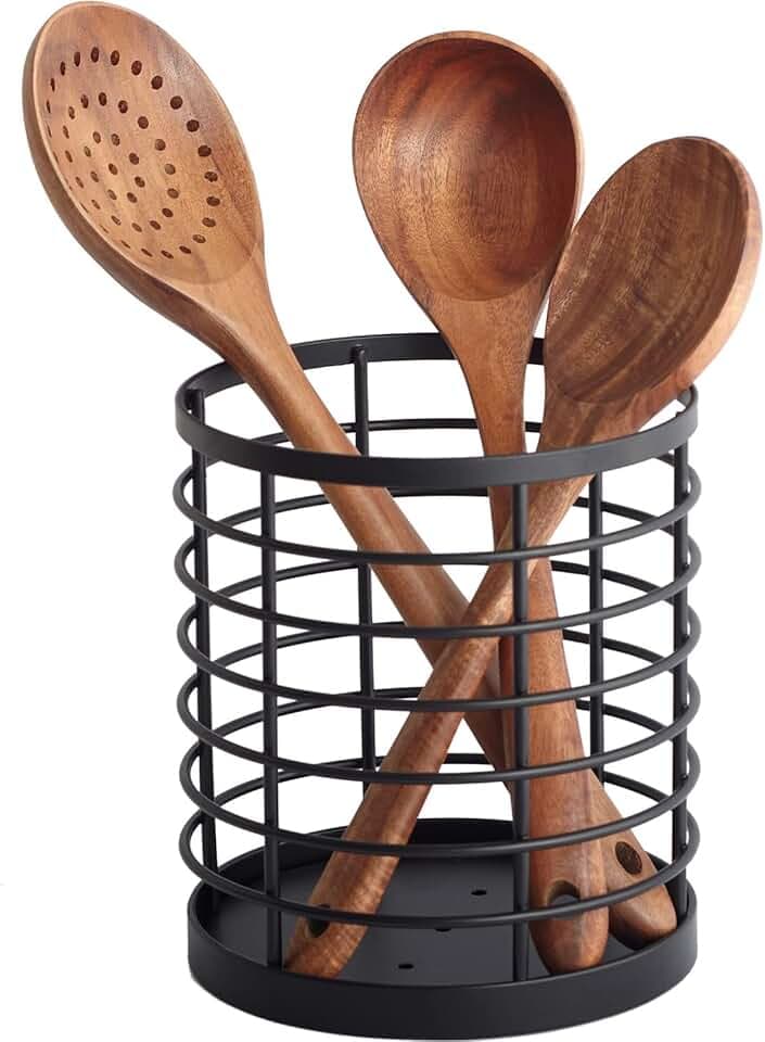 Utensil holder for Kitchen Counter - 5.2" x 5.2" x 6" Large Round Utensils Holder with Wooden Base Matte Black Cooking Utensil Holder，Kitchen countertop Utensil Organizer (Metal)