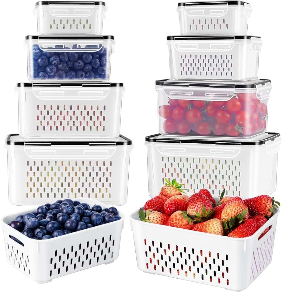 4 PCS Fruit Storage Containers for Fridge with Removable Colander, Airtight Food Storage Container, Dishwasher Safe Produce Saver Container for Refrigerator, Keep Berry Fruit Vegetable Fresh Longer
