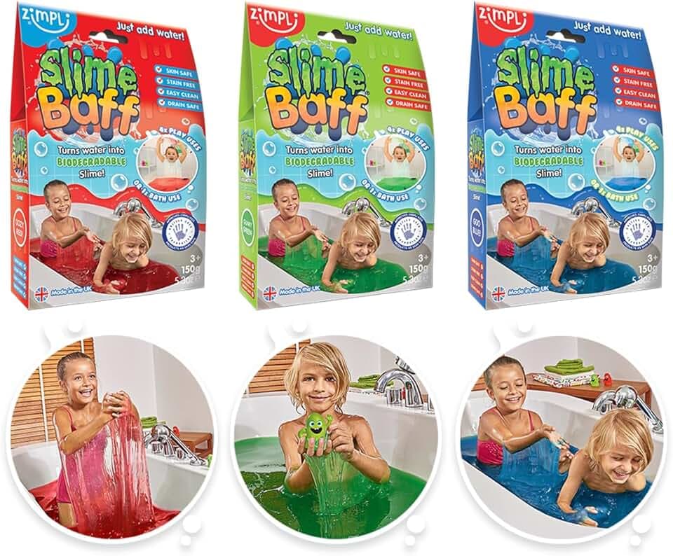 3 x Slime Baff Bundle from Zimpli Kids, Red, Green & Blue, Magically Turns Water into gooey, Colourful Slime, Slime Making Kit for Children, Birthday Present for Boys & Girls, Certified Biodegradable