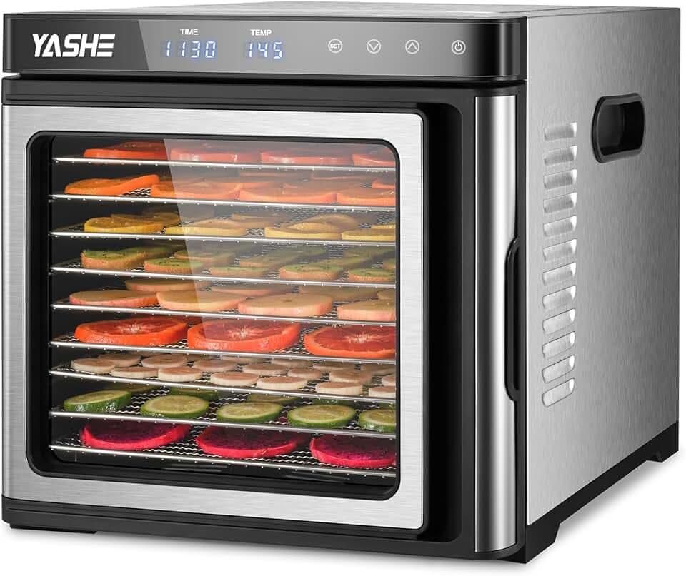 YASHE Food Dehydrator Machine, 9-Tray Stainless Steel Jerky Dehydrator, 1000W Food Dryer with Adjustable Timer & Temperature, Recipes Included for Meat, Fruits, and Herbs