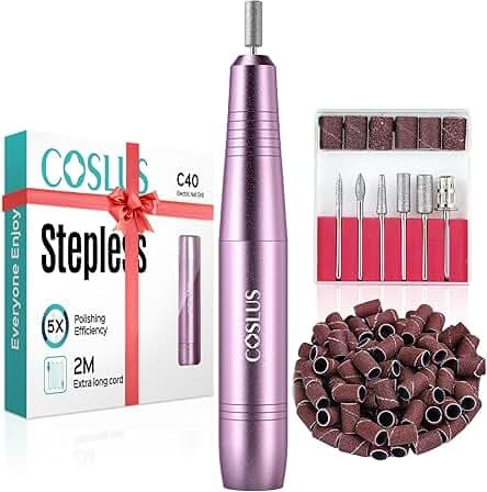 COSLUS Electric Nail Drill File Professional: for Acrylic Gel Dip Powder Nails Portable Nail Machine Kit Manicure Pedicure Tools Polishing Set with Nail Drill Bits Sanding Bands