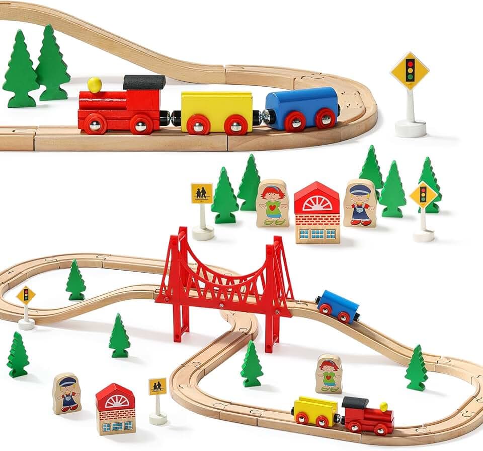 SainSmart Jr. Wooden Train Set for Toddler - Double-Side Wooden Tracks Fits Brio, Thomas, Melissa and Doug - Expandable, Changeable-Kids Wood Toy Train for 3,4,5 Year Old Boys and Girls