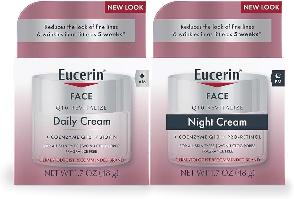 Eucerin Q10 Skin Care Set, Anti Wrinkle Daily Face Cream with Biotin (1.7 Oz) + Anti Wrinkle Night Cream with Pro-Retinol (1.7 Oz), Fragrance Free Face Moisturizer for All Skin Types