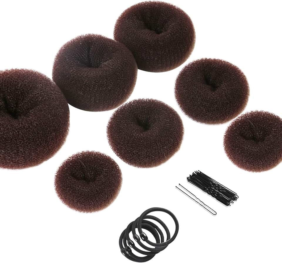 Teenitor Donut Hair Bun Maker Set - 7 Rings (1 Extra-Large, 2 Large, 2 Medium, 2 Small), 5 Elastic Bands, 20 Hair Pins, Dark Brown
