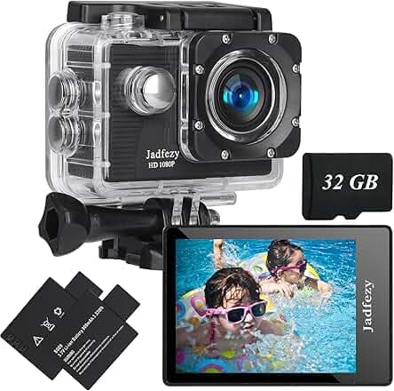 Action Camera FHD 1080P with 32GB Card, 98FT/30M Underwater Waterproof Camera with 2 Rechargeable Batteries, Wide Angle Sports cam with Accessories Kit Suitable for Helmet, Bicycle, etc.