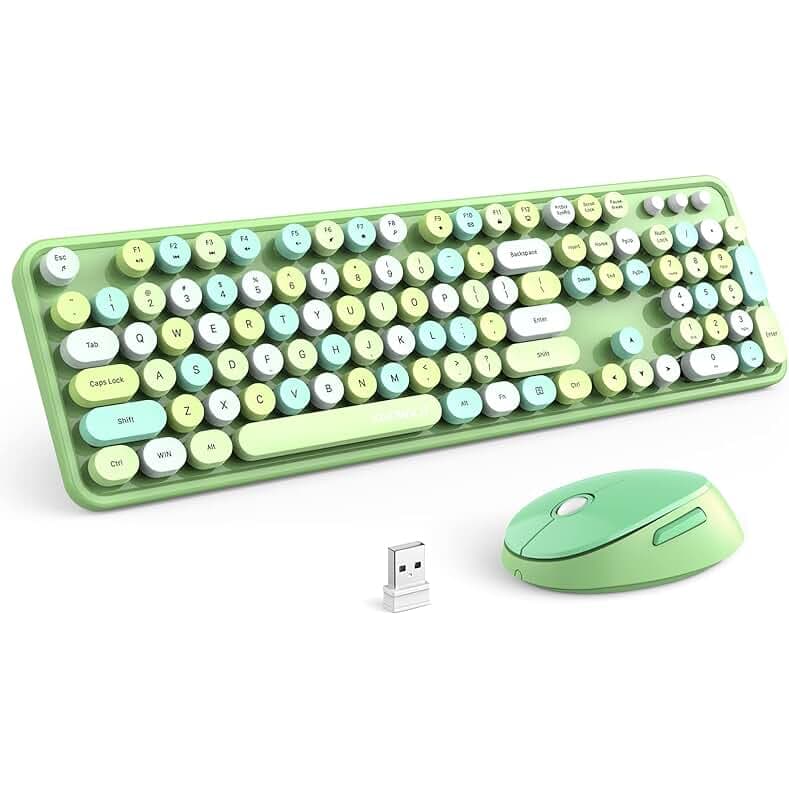 KNOWSQT Wireless Keyboard and Mouse Combo, Green Colorful 2.4G Typewriter Full-Size Retro Keyboards - USB Receiver Plug and Play, for Computer, PC, Laptop, Desktop, Windows