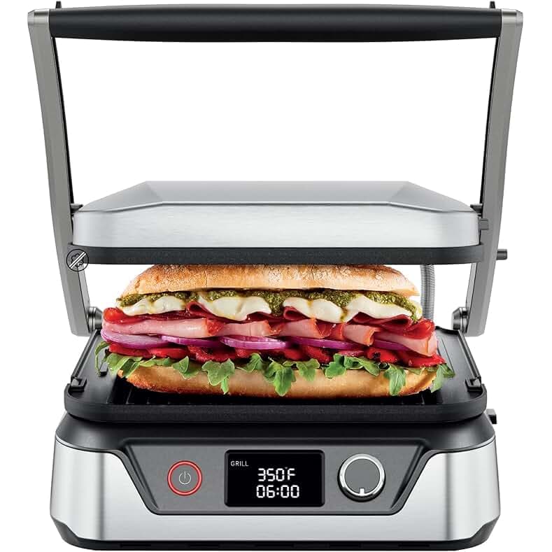 Chefman 5-in-1 Digital Panini Press Grill Sandwich Maker and Griddle Grill Combo with Removable, Reversible Dishwasher-Safe Grilling Plates, Opens 180° for Indoor BBQ /Flat Top Grill, Stainless steel