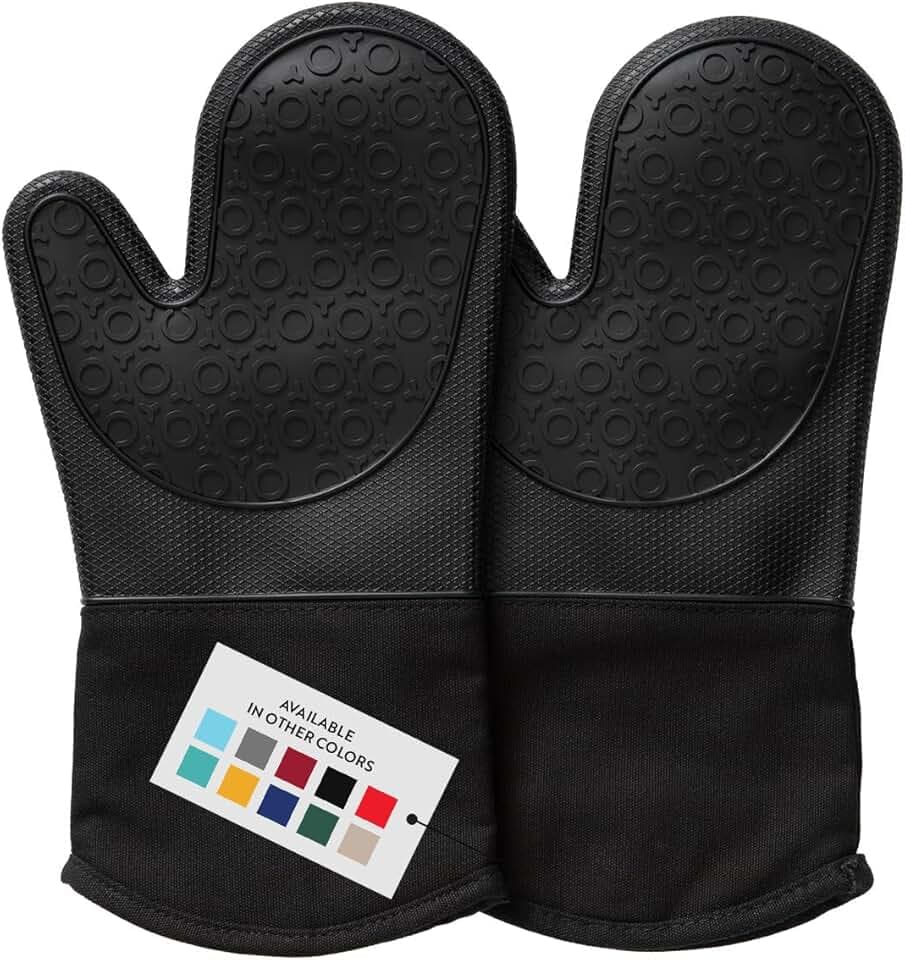 BPA-Free Silicone Oven Mitts Ultra Heat Resistant up to 500°F - Oven Mitts with Thick Cotton Liner - Long Slip Resistant Pot Holders, Flexible Oven Gloves - Black 13.7