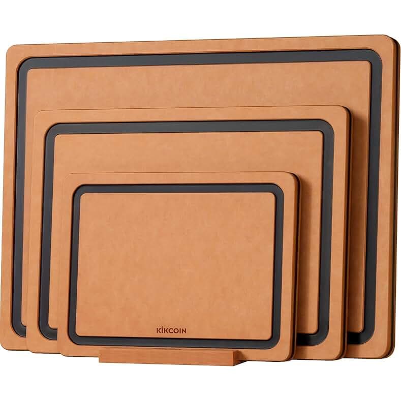 Kikcoin Wood Cutting Board Set of 3, Cutting Boards for Kitchen with Holder Dishwasher Safe Non-slip Chopping Board with Juice Groove, Wood Fiber Composite Cutting Boards