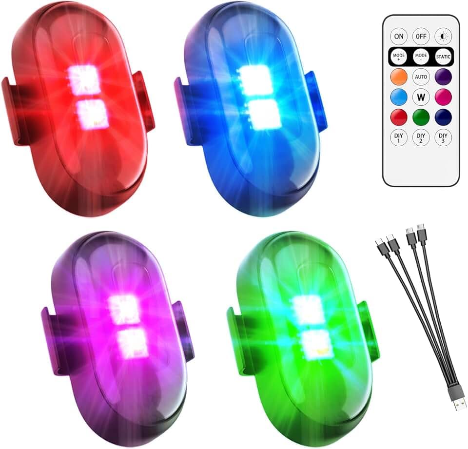 Wireless LED Lights for Car-4PCS Interior Ambient Strobe Light with Remote, USB-C 80 Hours 8 Colors IP65 Waterproof Rechargeable Underglow Light for Cars, Trucks, eBike, Motorcycle