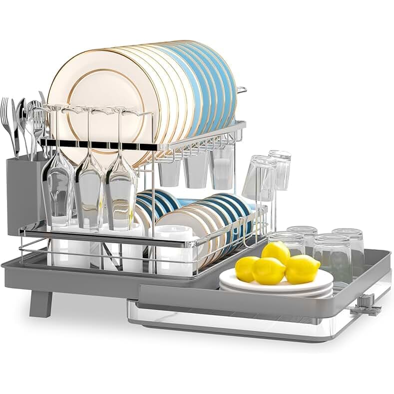 SUSTEAS Dish Drying Rack-Expandable,2 Tier Dish Drying Rack for Kitchen Counter,Large Space-Saving Drying Rack Kitchen,Cups,Utensils,Stainless Steel Dish Drainers for Kitchen Counte,Grey