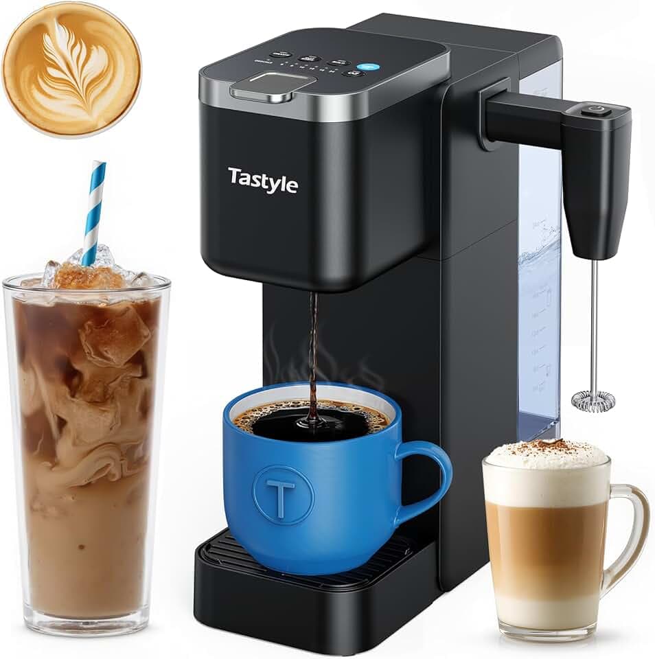 Single Serve Coffee Maker with Detachable Milk Frother, Iced and Hot Coffee Machine for K Cup & Grounds, 40oz Removable Water Reservoir, 6 Brew Sizes, Fits 7.3" Travel Mug, Black