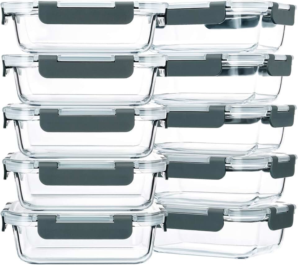 M MCIRCO 10-Pack,22 Oz Glass Meal Prep Containers,Glass Food Storage Containers with lids,Glass Lunch Containers,Microwave, Oven, Freezer and Dishwasher (Gray)
