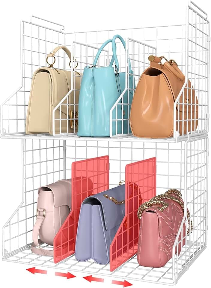 Purse Storage Organizer for Closet : Adjustable 2-Pack Dividers Handbag Organizer - Stackable Wire Handbags Storage Baskets -Open Cabinets Wallets Tote Chain Bags Clutches -White
