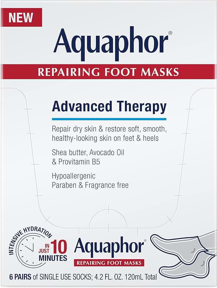 Aquaphor Repairing Foot Masks, Moisturizing Socks for Dry Feet, Hydrating Foot Care Treatment with Avocado Oil and Shea Butter, Pack of 6