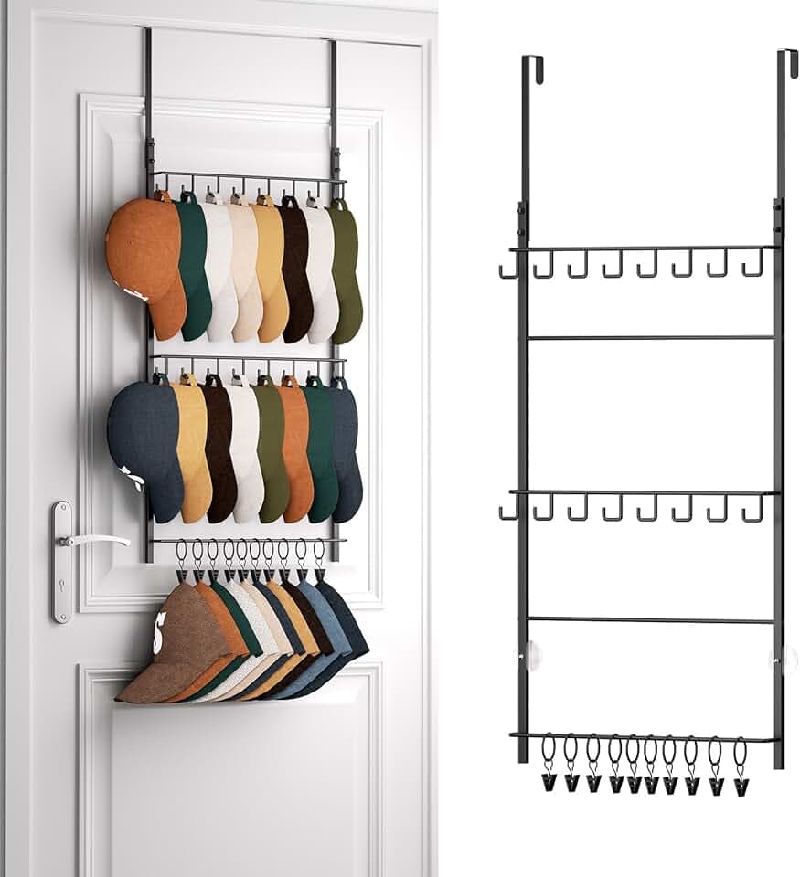 HapiRm Over Door Hat Rack - 3 Tier Wall Mounted Hat Holder with 16 Hooks and 10 Movable Clips, Cap Hanger Storage up to 26 Caps for Door, Bedroom, Closet USPTO Patent Pending