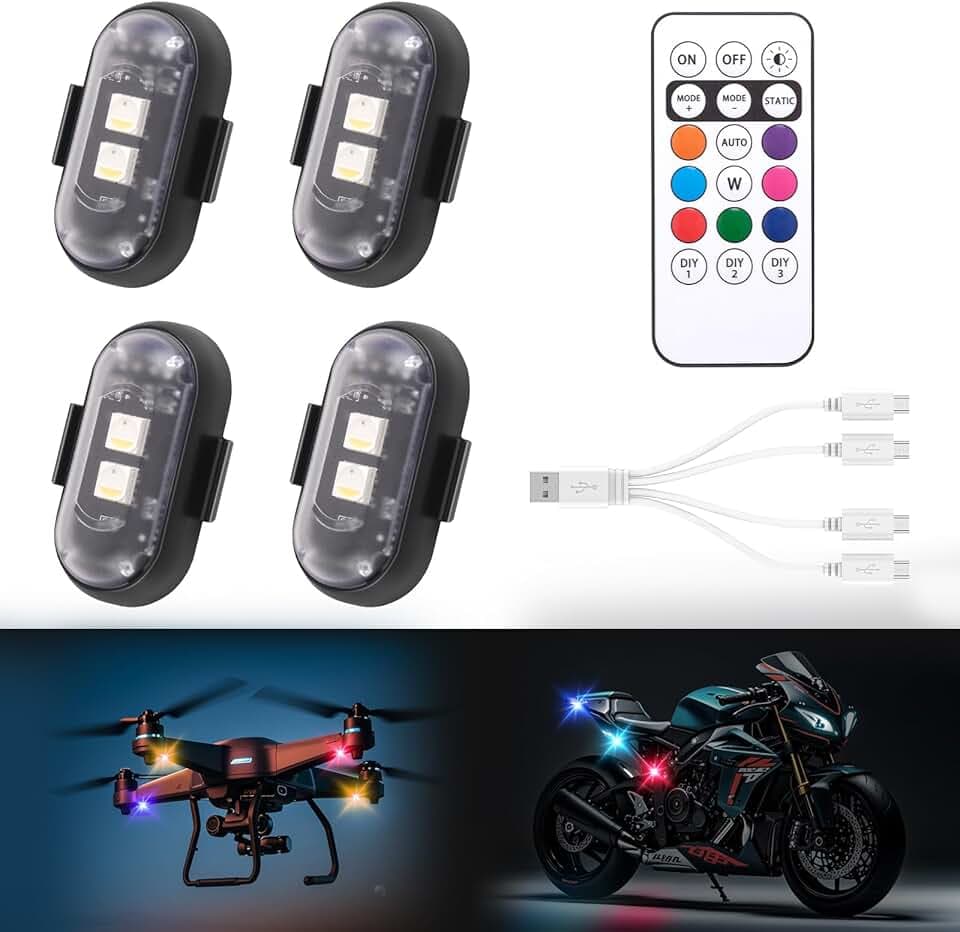 4PCS Wireless LED Strobe Lights with Remote Control,8 Colors Waterproof Anti-Collision USB Charing Led Warning Light, High Brightness Wireless LED Lights for Car Drone Truck Motorcycle Aircraft Bike