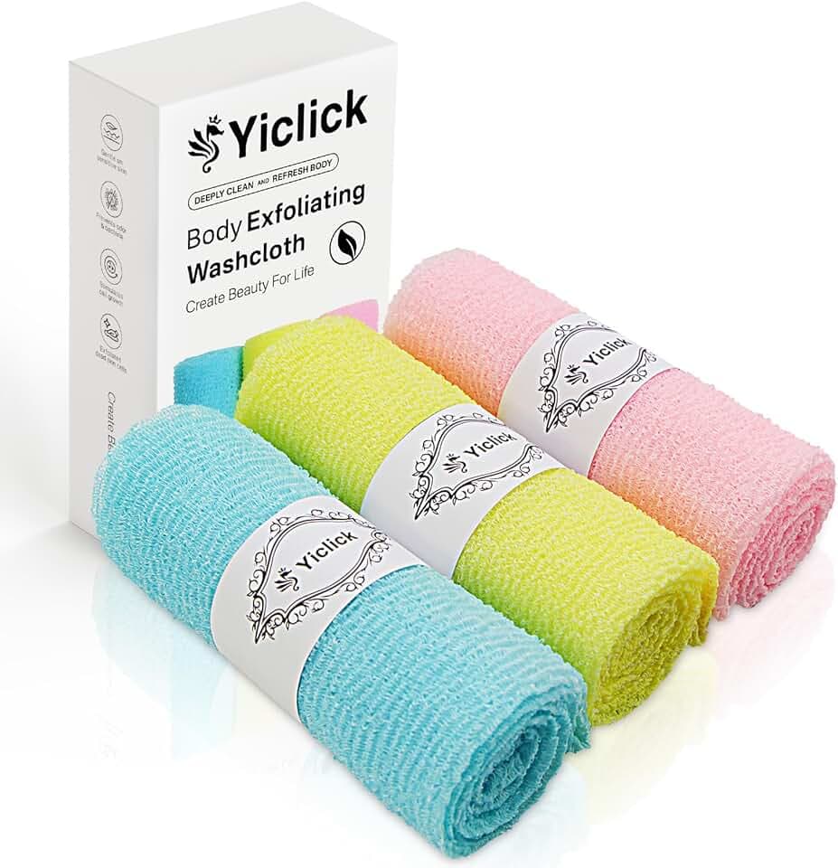 Yiclick Exfoliating Washcloth Towel [3 Pack], Japanese Exfoliating Bath Wash Cloth for Body Exfoliation, Korean Back Scrubber Washer for Shower, African Net Sponge Brush Loofah Exfoliator (Colors)