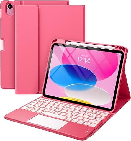 Compatible for iPad 11th 10th Generation Case with Keyboard, Folio Cover with Pencil Holder, Multi-Touch Trackpad, 7 Color Backlit, Detachable Keyboard for iPad (A16) 11th/10th Gen (Pink)