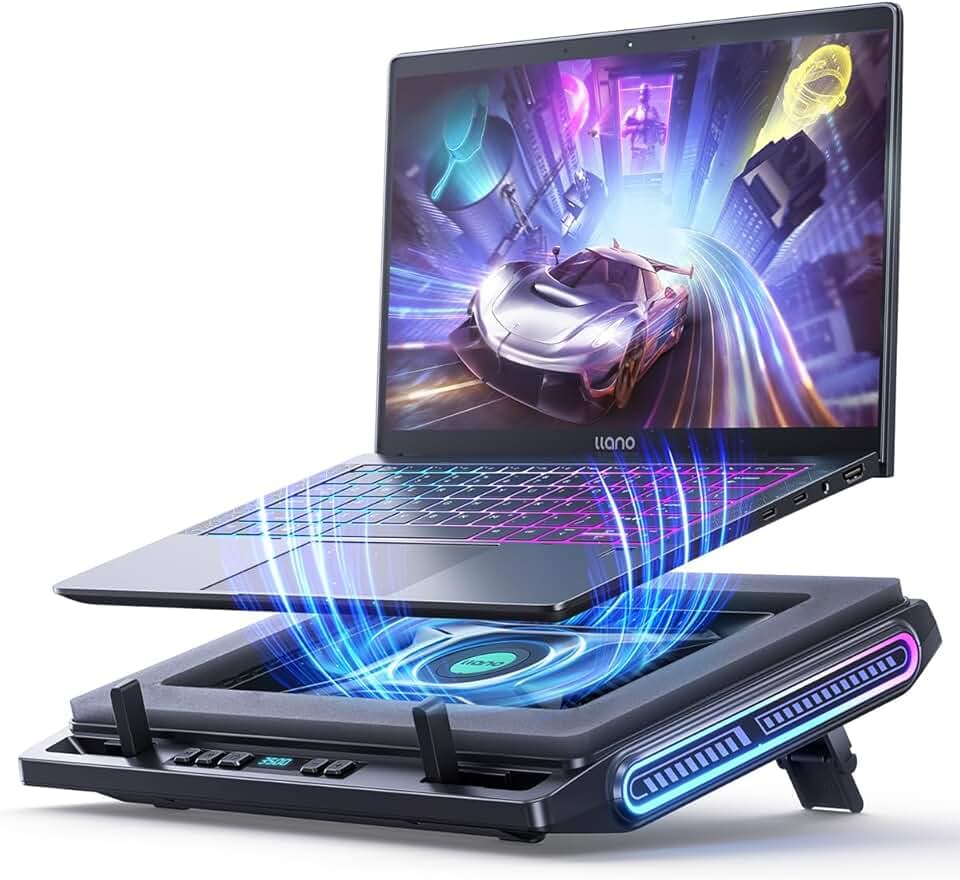 llano V10 Gaming Laptop Cooling Pad, RGB Laptop Cooler Stand with Powerful 4.72 Inch External Turbo Cooling Fan, Fast Cooling Computer 13-17.3in, Button Control, 3 Adjustable Stand, 4-Port USB C&A