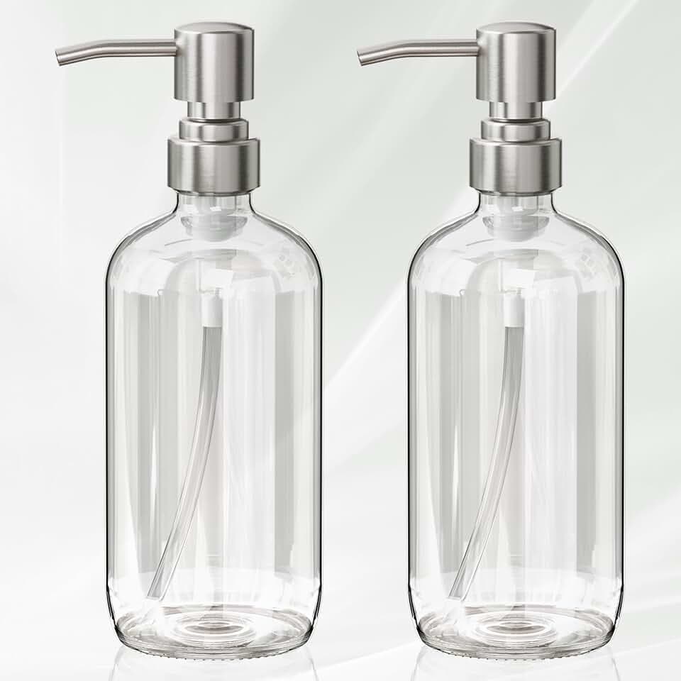 AmazerBath Soap Dispenser, 2 Pack Glass Soap Dispenser with Pump Stainless Steel, 17OZ Hand Soap Bottles Bathroom Kitchen, Clear