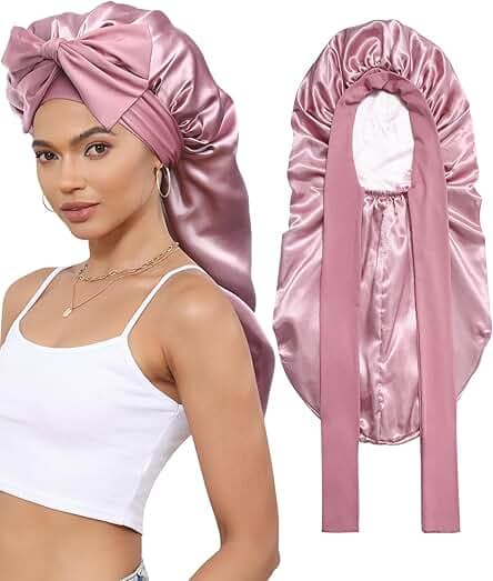 Reversible Long Hair Bonnet Satin Bonnet for Braids Sleep Bonnets for Women with Elastic Tie Band Hair Wrap