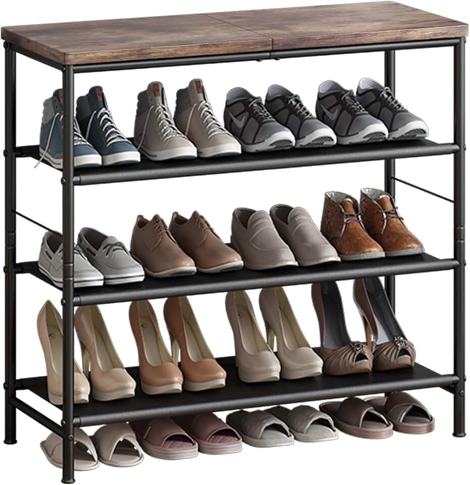 Shoe Rack Organizer 5 Tier Metal Organizer Shelf with Industrial MDF Board and Layer Fabric for Entryway Closet Bedroom Living Room Garage,Black & Rustic Brown (Black+Rustic Brown, 4 Tier)