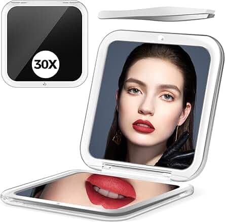 Compact Mirror, 30X Magnifying Mirror, Square Travel Makeup Mirror, 3.3x3.3 inch Small Pocket Mirror, Women's Magnetic Portable Mirror with Precision Tweezers, Black