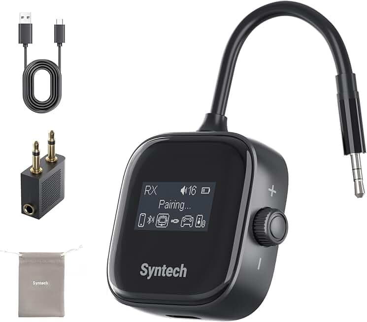Syntech Airplane Bluetooth 5.4 Transmitter Receiver for 2 AirPods or Wireless Headphones, HD Display Low Latency 3.5mm AUX Jack Bluetooth Audio Adapter for Flying, TV, Car, Gym, Home Stereo