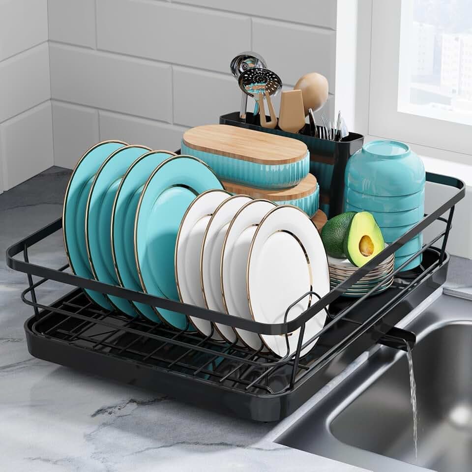 Dish Drying Rack - Stainless Steel Dish Rack with Drainboard for Kitchen Counter and Sink, 15.6" D x 12" W x 5" H, Black