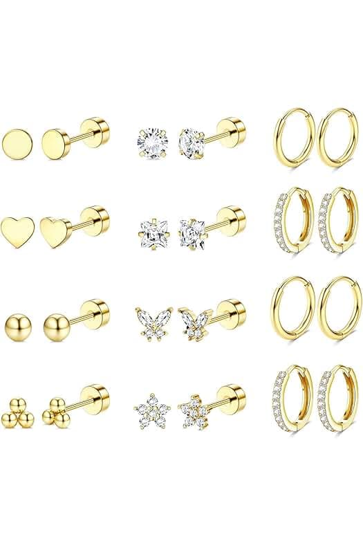 Jstyle Hypoallergenic Surgical Steel Earrings for Sensitive Ears 14K Gold Flat Back Earrings for Women Men Small Stainless Steel Earrings Flatback Stud Hoop Cartilage Earring Set for Multiple Piercing