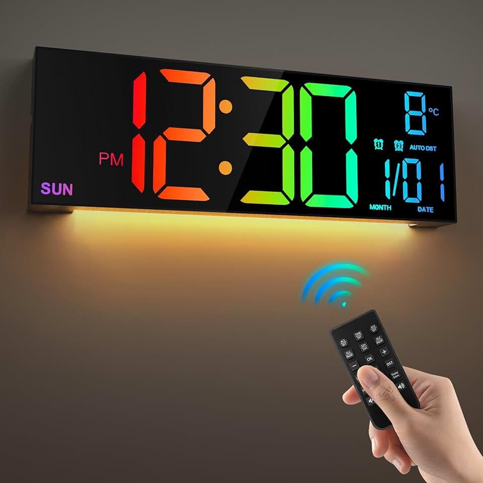 LEIKE 16.2'' Large Digital Wall Clock with Remote Control, Big LED/Dual Alarm/8 RGB Colors/Auto Brightness/Date/Auto DST/Temperature/Night Light Gym Clocks for Living Room Bedroom Office Wall Decor