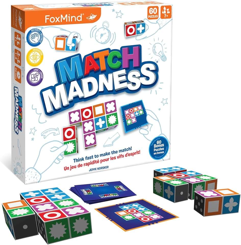 Foxmind Match Madness Board Game - Dual Mode Visual Matching Game for Problem Solving, Fun for Adults and Family, White
