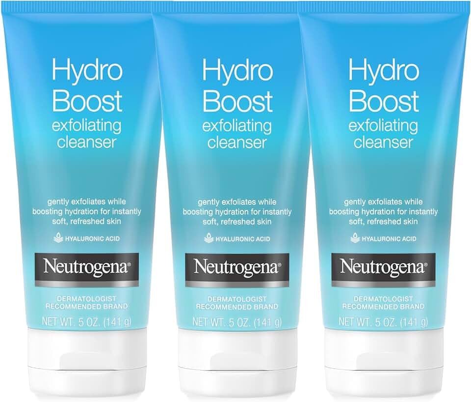 Neutrogena Hydro Boost Gentle Exfoliating Daily Facial Cleanser with Hyaluronic Acid, Clinically Proven to Increase Skin's Hydration Level, Non-Comedogenic Oil-, Soap- & Paraben-Free, 5 Oz, 3 Pack