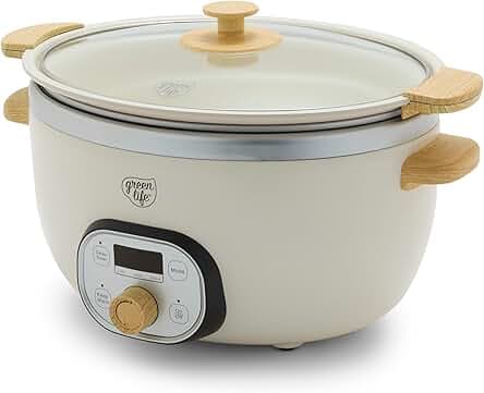 GreenLife 6 QT Ceramic Non Stick Slow Cooker, PFAS-Free Programmable Removable Pot for Family Meals, Sear on Stovetop Keep Warm, Digital Timer, Dishwasher Safe Glass Lid & Crock, Cream