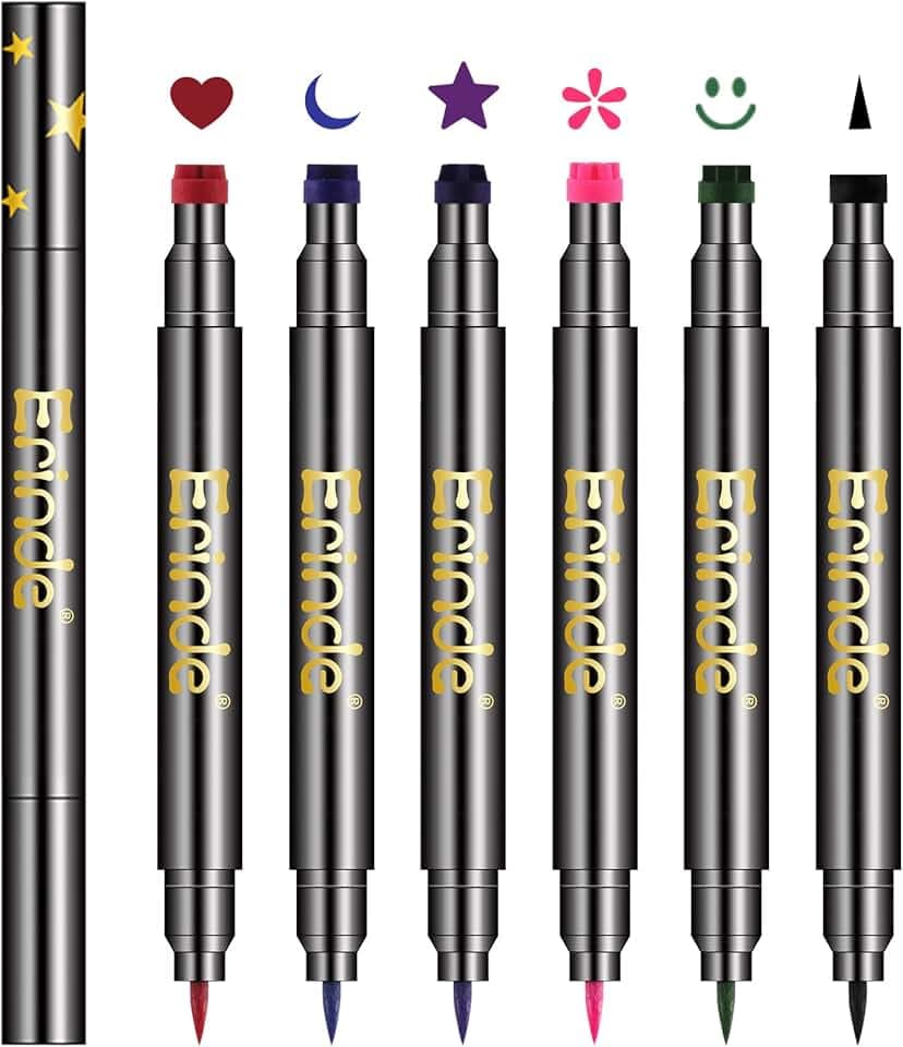 Erinde 6 Colors Double-headed Liquid Eyeliner Stamp Pen Set, Blue Red Pink Purple Green Black Colorful Winged Eye Liners for Women, Waterproof Long-Lasting Star Moon Heart Halloween Eye Face Makeup