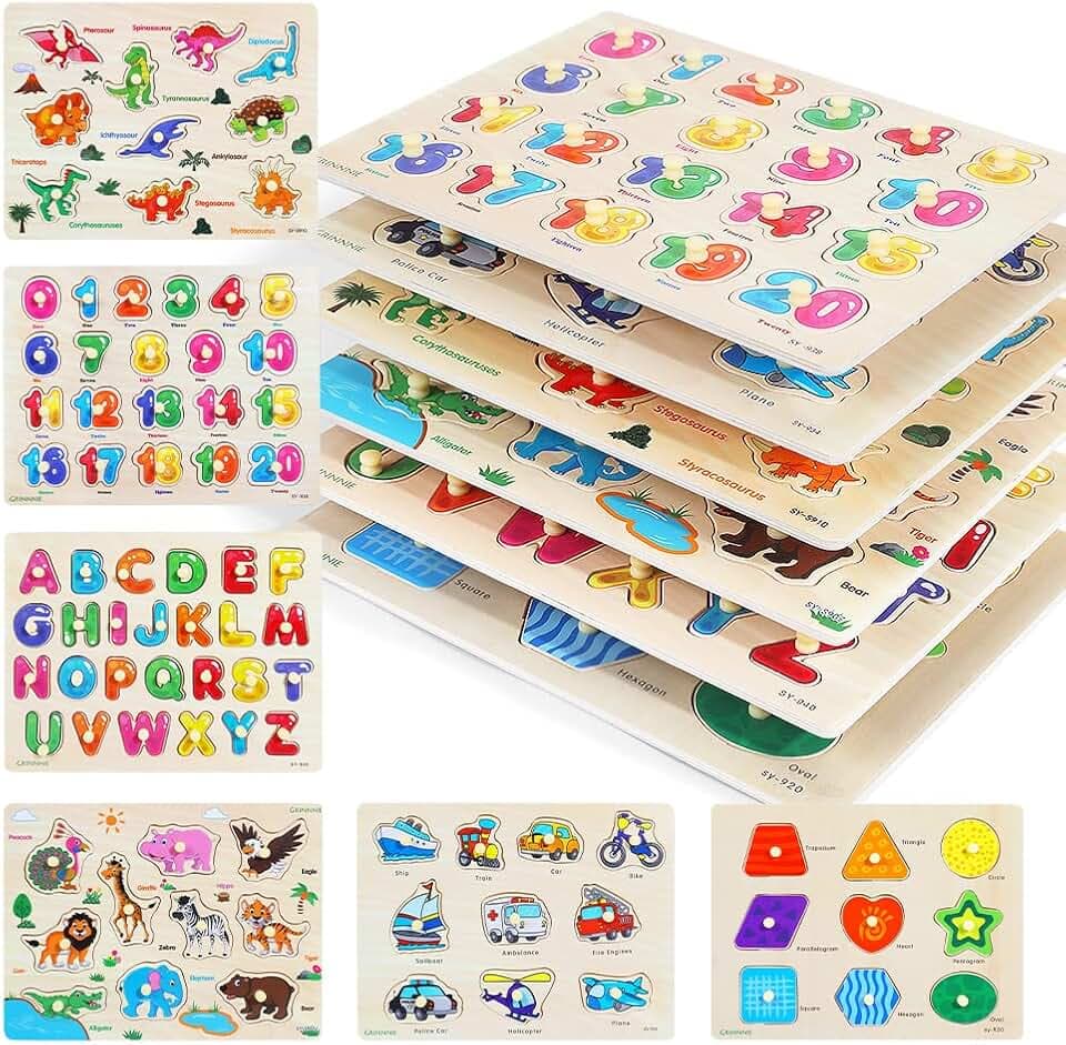 GRINNNIE Wooden Peg Puzzle for Toddlers, 6 Pack Toddler Puzzles Set for 3 4 5 Years Old (Alphabet Number Shape Animal Dinosaur Vehicle), Preschool Education Learning Puzzle Toys for Girls and Boys