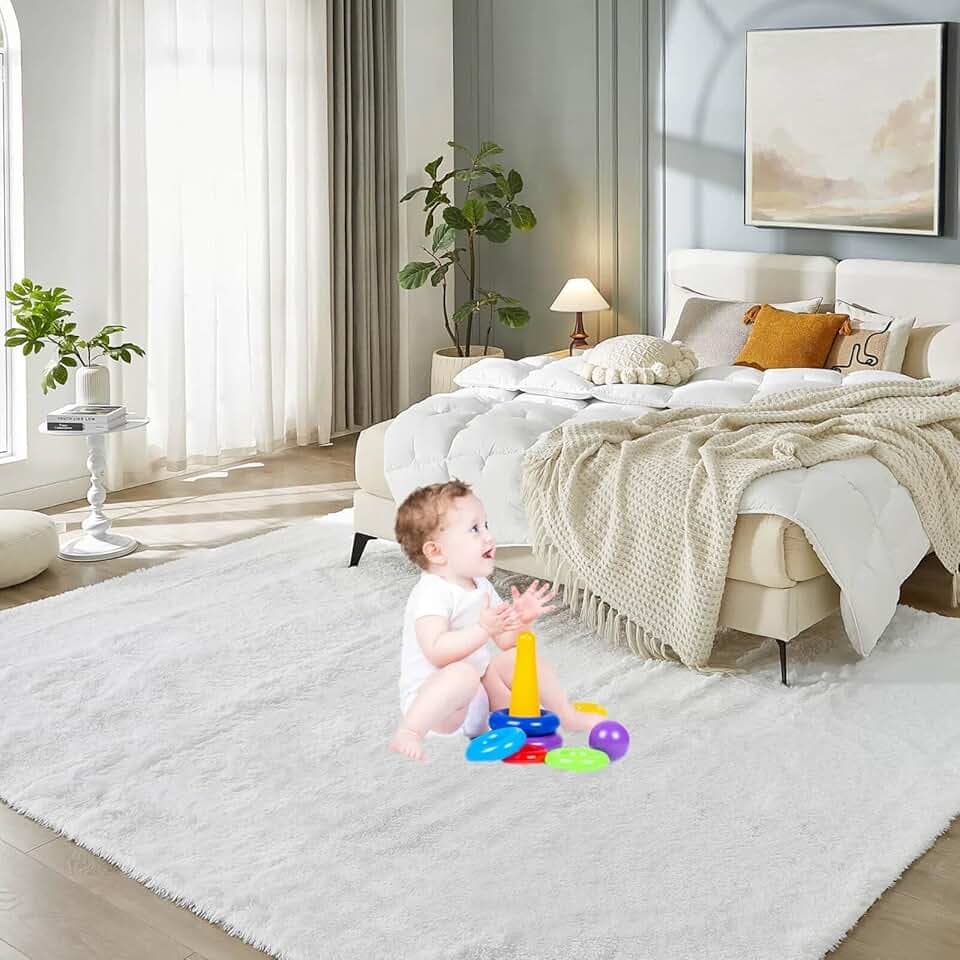 Floralux Bedroom Rug 8x10, Large White Shag Rugs, Soft Fluffy Shag Area Rug for Living Room, Plush Modern Floor Carpet for Boys Girls Room, Dorm Home Decor Aesthetic