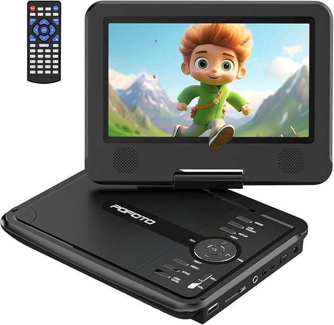 9.5" Portable DVD Player for Kids and Car with 7.5" Swivel Screen, 4-6 Hour Working Time, Car DVD Player with Dual Speakers, Remote Control, Support Sync TV, Region Free USB/SD/AV