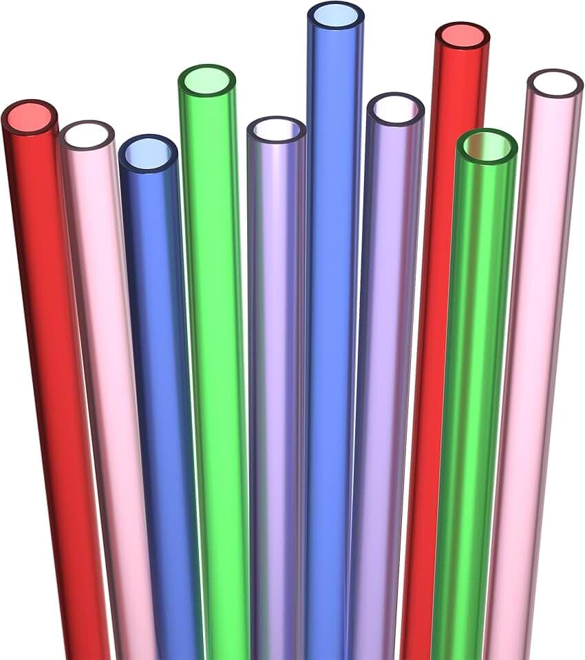 10 Long Reusable Hard Plastic Drinking Straws, Medium Width + Sturdy Cleaning Brush - for Tumblers, Mason Jars, Milshakes, Smoothie Straws Drinking Plastic - Dishwasher Safe BPA Free