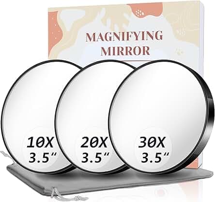 Travel Magnifying Mirror Set - 3.5" 10X, 20X & 30X Magnified Mirror with Two Suction Cups, Compact for Travel, Comes with Portable Storage Bag (Black)