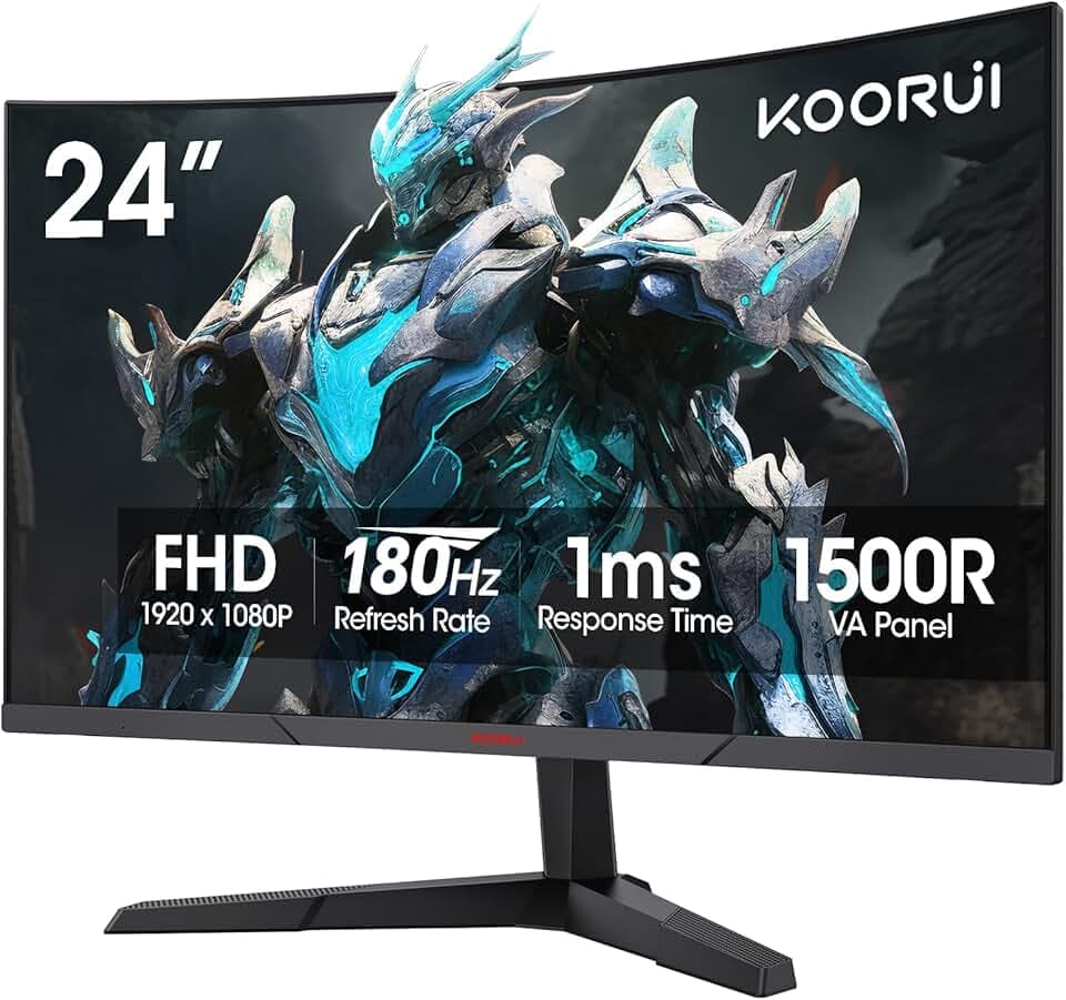 KOORUI 24 inch Curved Gaming Monitor 180Hz FHD 1080P Computer Monitor,1ms 1500R VA Display,Adaptive Sync, FreeSync Premium,HDR10,HDMI2.0X2&DP1.2,VESA Compatible,Tilt Adjustable,Eye Care,24E6CA