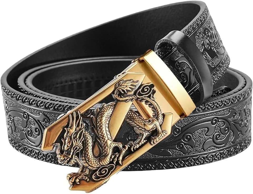 Luxury Men's Belts Engraved Vintage Dragon Head Automatic Buckle Alloy, Leather Men Waist Strap, Slide Easier Adjustable Belt, Cut To Fit, Men Dress Casual Ratchet Belt