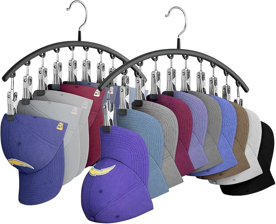 Hat Hangers for Closet, Metal Hat Organizer Racks for Baseball Caps 2 Pack Door Hat Racks for Baseball Caps with 10 Large Clips, Baseball Hat Holder for Closet Storage, Fits All Caps-Black