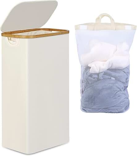 efluky Slim Laundry Basket with Lid, Narrow Laundry Hamper with Removable Bag, Skinny Dirty Clothes Basket with Bamboo Handles for Bathroom, Bedroom & Laundry Room, 75L Beige