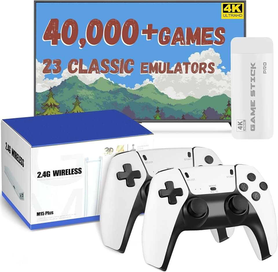 Retro Gaming Console with 40,000+ Classic Games, 23 Emulators, Dual 2.4GHz Wireless Controllers, 4K HD Output, Save & Load Function, Plug & Play, Compatible with TV/PC/Projector, 64GB