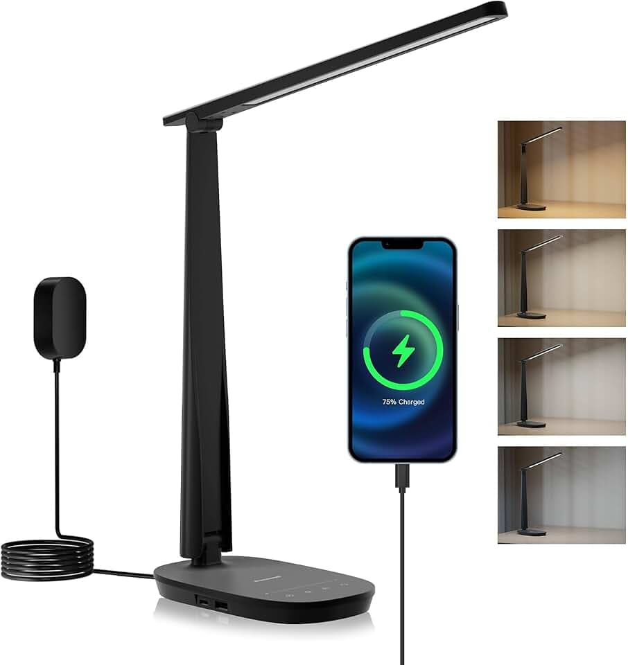 Honeywell Sunturalux™ LED Desk Lamp Dimmable Desk Light with USB A+C Dual Charging Port Eye-Caring Foldable Table Lamp with 4 Color Modes for Home Office Bedroom Reading Study Work HWT-H2B Black