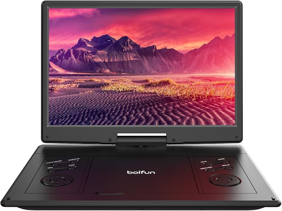 15.7" Portable DVD Player with 14.1" Large HD Screen, 6 Hours Rechargeable Battery, Support USB/SD Card/Sync TV and Multiple Disc Formats, High Volume Speaker, Classic Black, BOIFUN