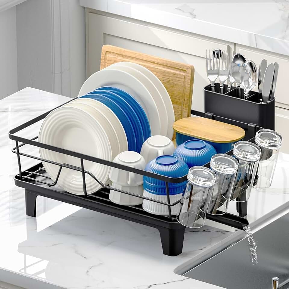 Dish Drainers for Kitchen Counter - Large Capacity Dish Drying Rack with Drainboard, Rustproof & Sturdy Design, Black Dish Rack Perfect for Plates, Cups & Kitchen Countertop Organization